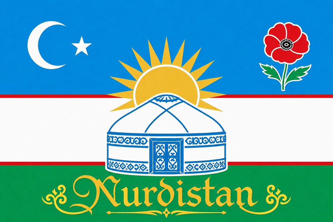 Flagge der Entspannten Republik Nurdistan: Himmelblau mit Halbmond, Sonne und Jurte über Weiß und Grün